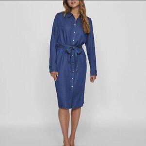 Karen Kane Women's Small‎ Blue Long Sleeve Button Down Chambray Shirt Midi Dress